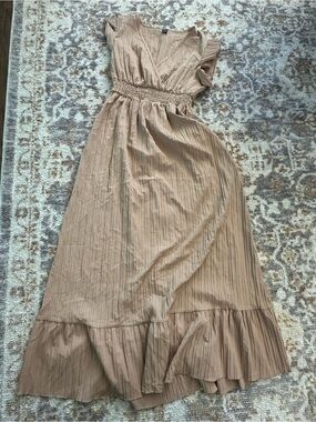 SHEIN Smocked Waist Flutter Sleeve Maxi Dress in Tan